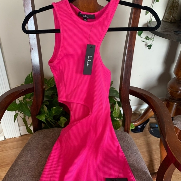 Lulu's catching looks hot pink asymmetrical cutout bodycon midi dress XS - Picture 3 of 3